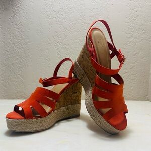 Buckle Red Wedge Sandals with High-Heel and Adjustable Strap